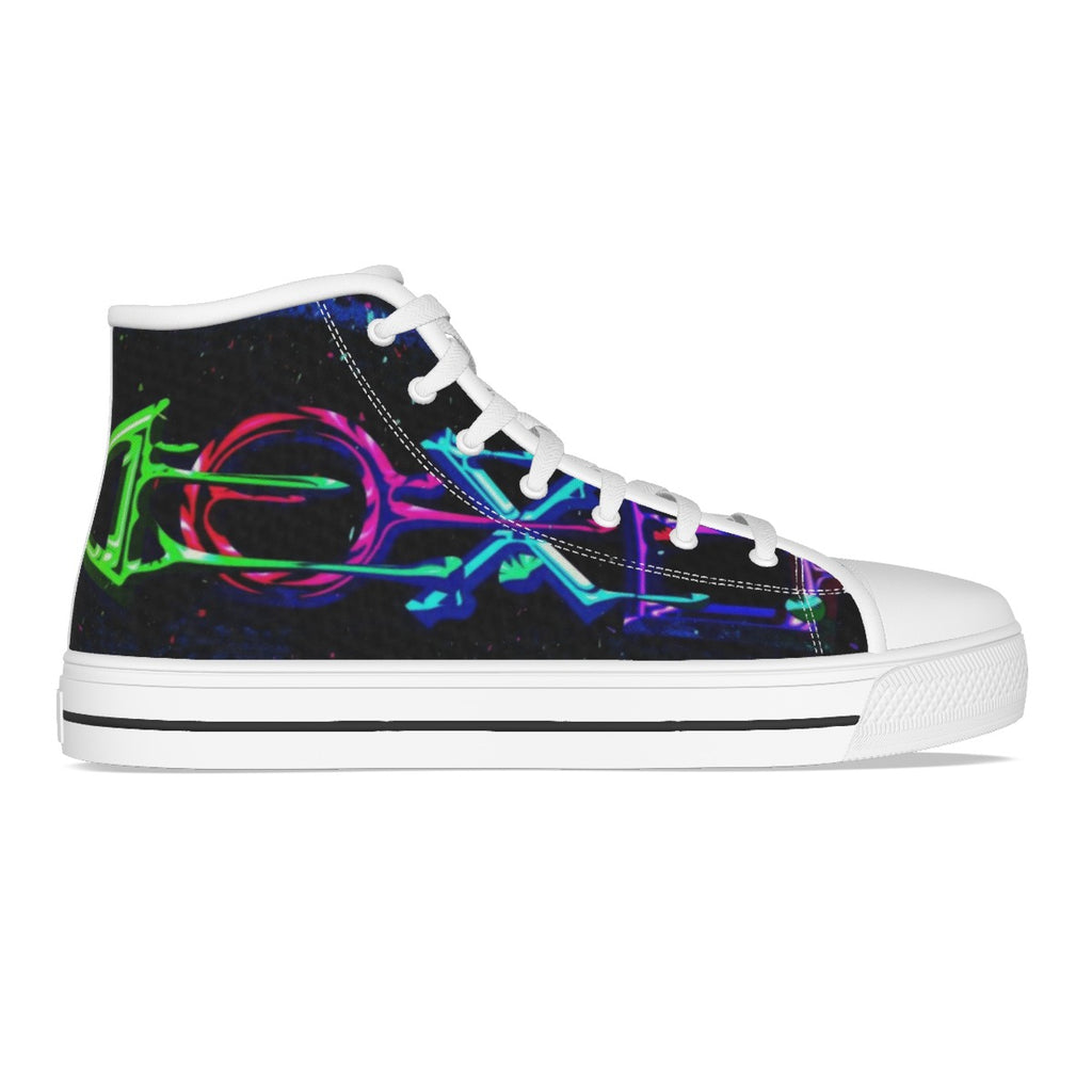 Scarpa alta bimbo in tela nera con stampa neon, occhielli e lacci bianchi