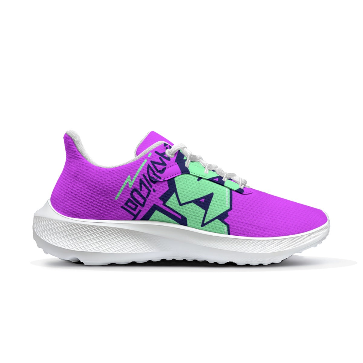Scarpa da corsa da donna viola con inserti verde/nero, lacci bianchi e suola bianca