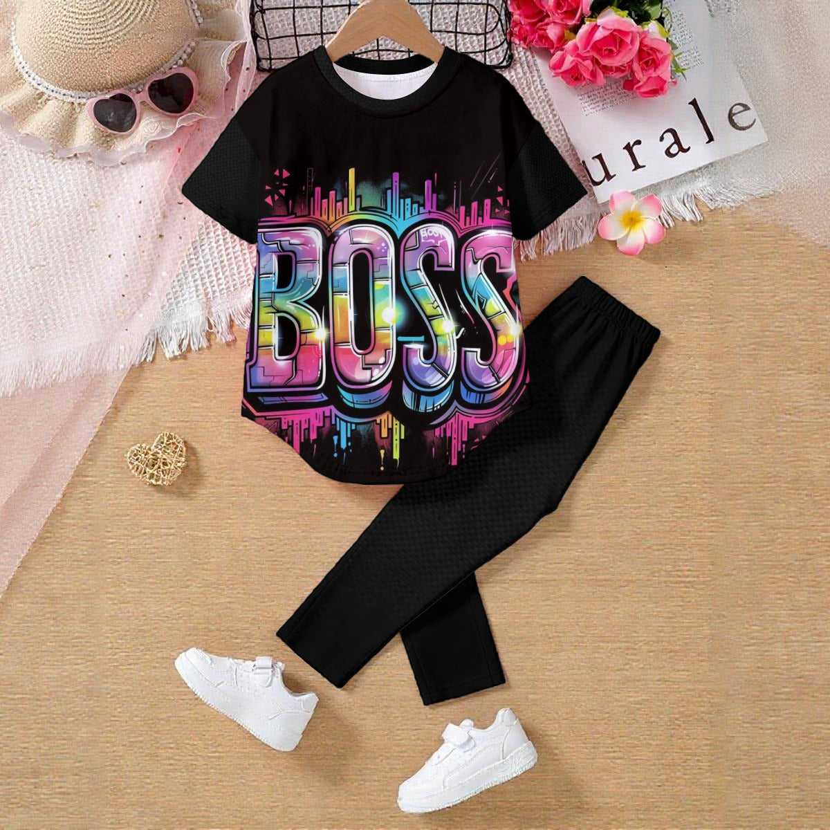 Tutina per bambino nera con maglietta “BOSS” colorata e leggings abbinati