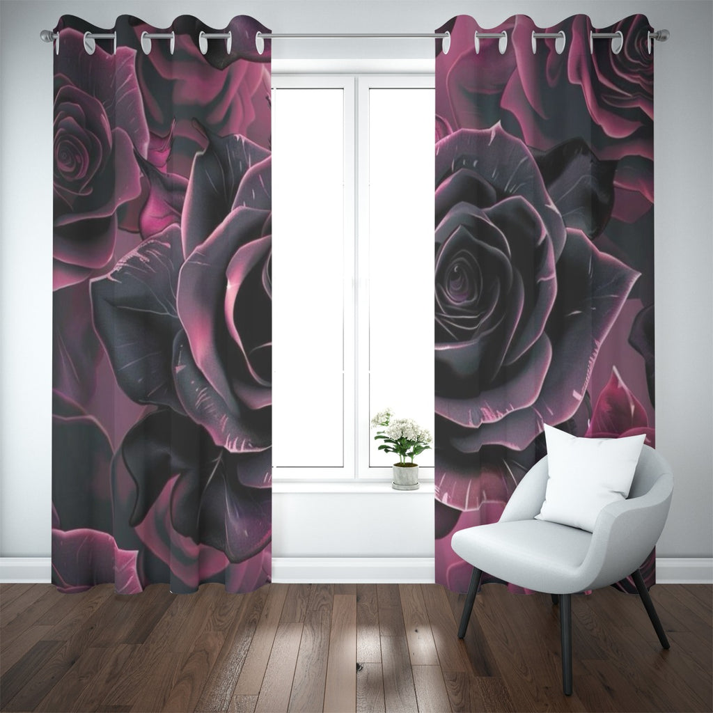 Tenda oscurante con occhielli, motivo rose fucsia e nero su tessuto pesante