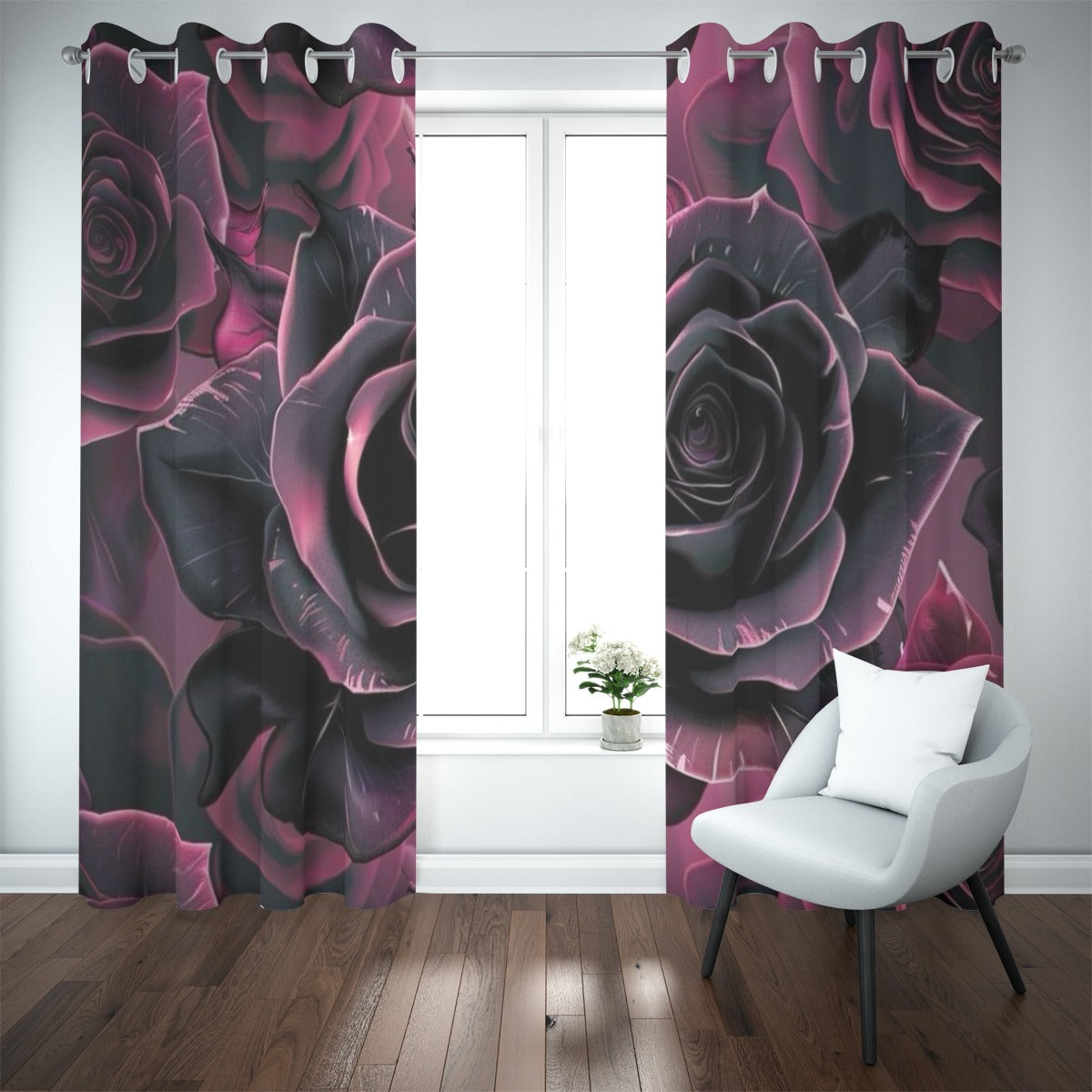 Tenda oscurante con occhielli, motivo rose fucsia e nero su tessuto pesante