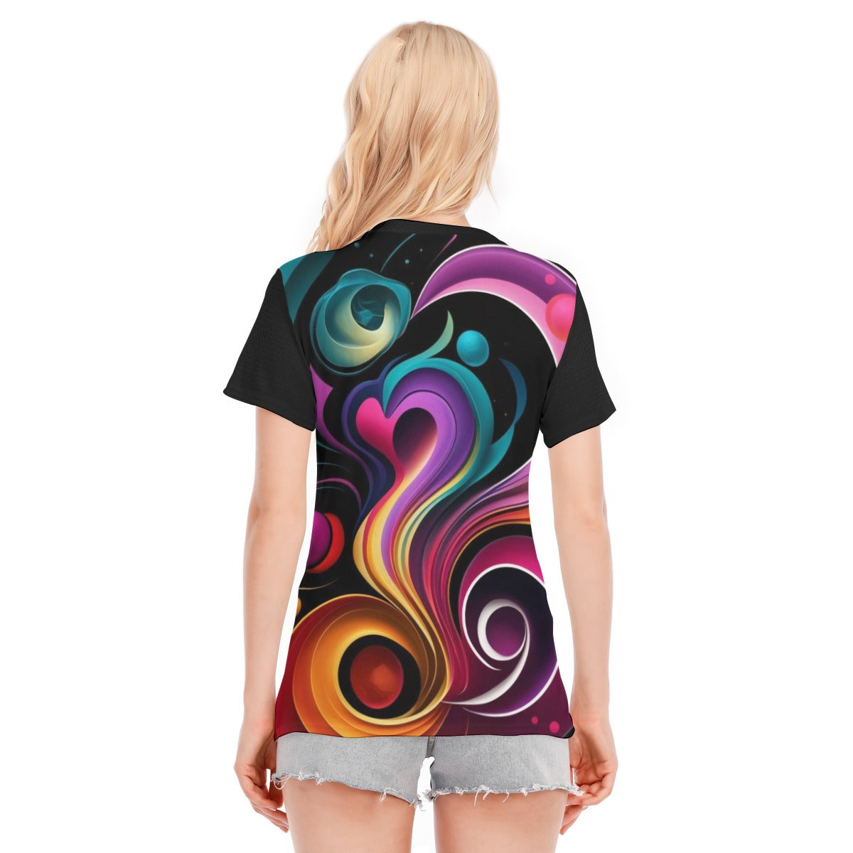 T-shirt donna nera con stampa astratta colorata, scollo rotondo e maniche corte