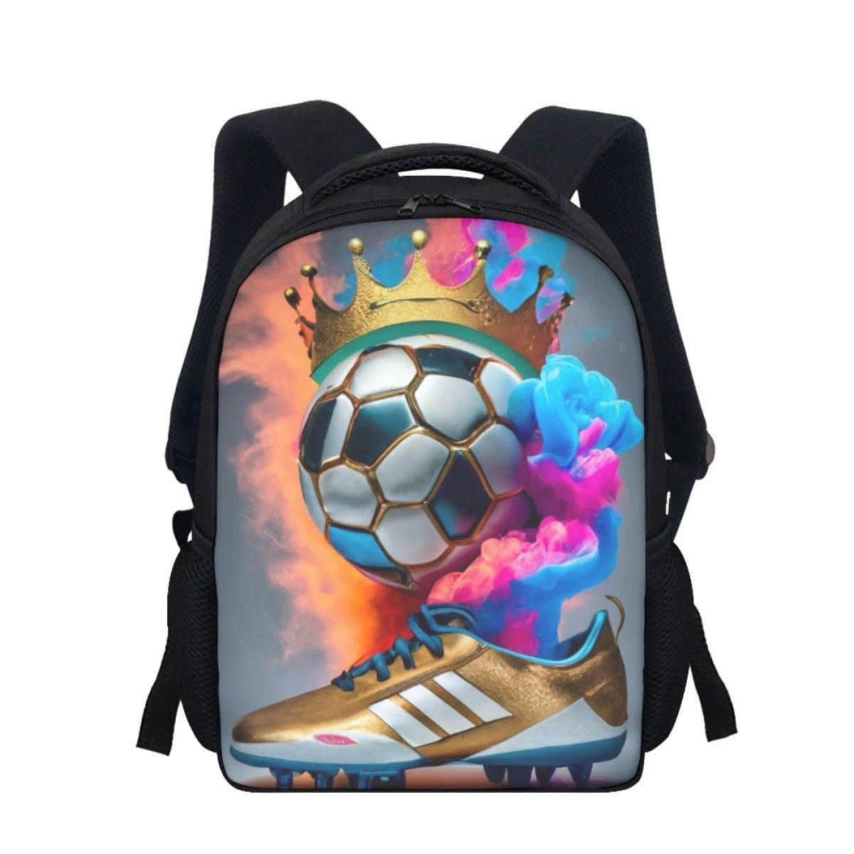 Zaino per studenti nero con stampe colorate di calcio e spallacci imbottiti