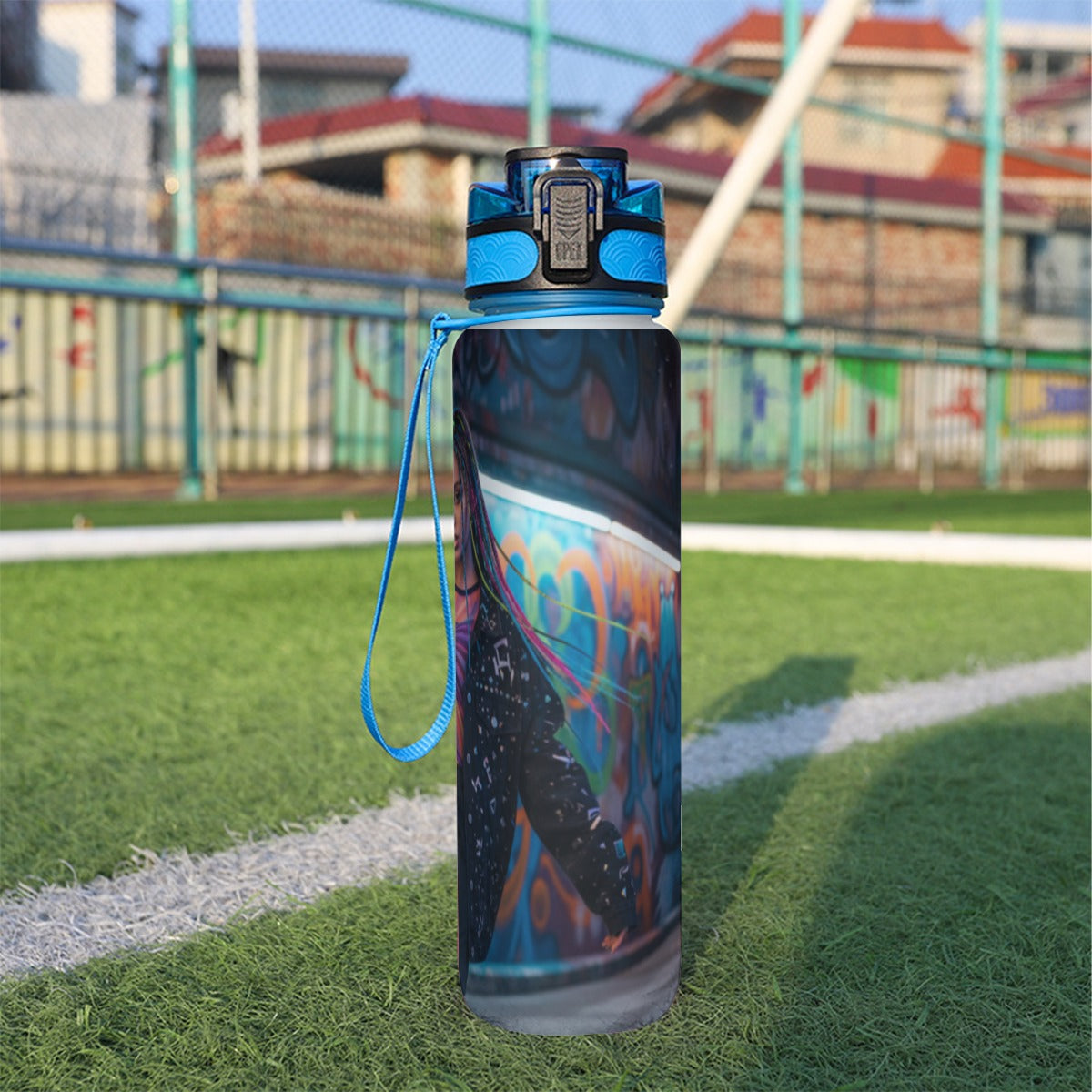 Borraccia sportiva 32 oz blu con tappo e tracolla, grafica astratta multicolore