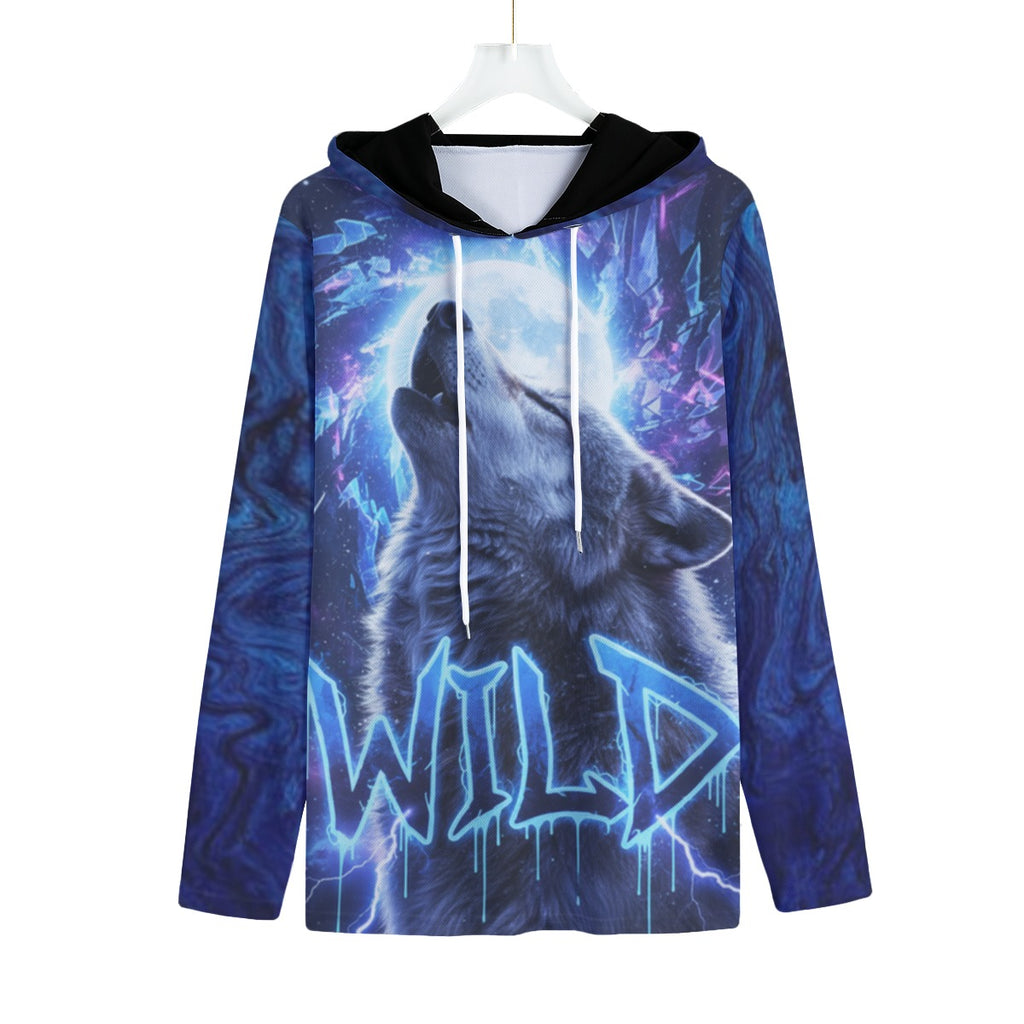 Felpa con cappuccio, stampa blu con volto animale e scritta neon