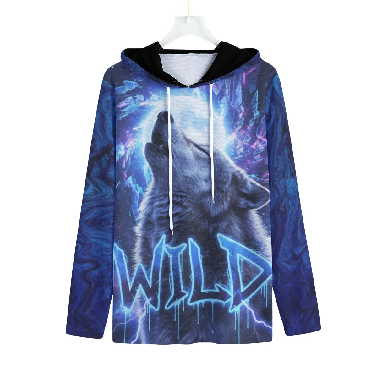 Felpa con cappuccio, stampa blu con volto animale e scritta neon