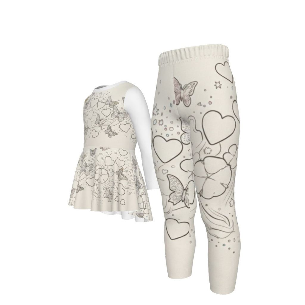 Tuta bambina bianca set: abito svasato manica lunga e leggings con farfalle e cuori