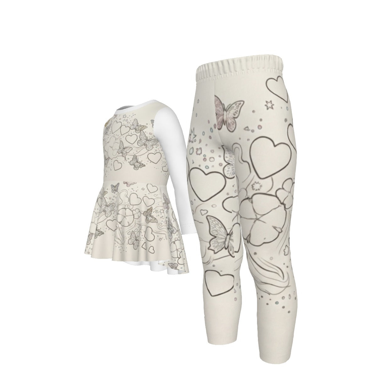 Tuta bambina bianca set: abito svasato manica lunga e leggings con farfalle e cuori