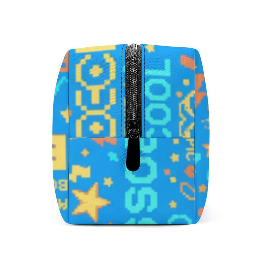 Astuccio cosmetici in PU blu con zip nera centrale e motivi pixel