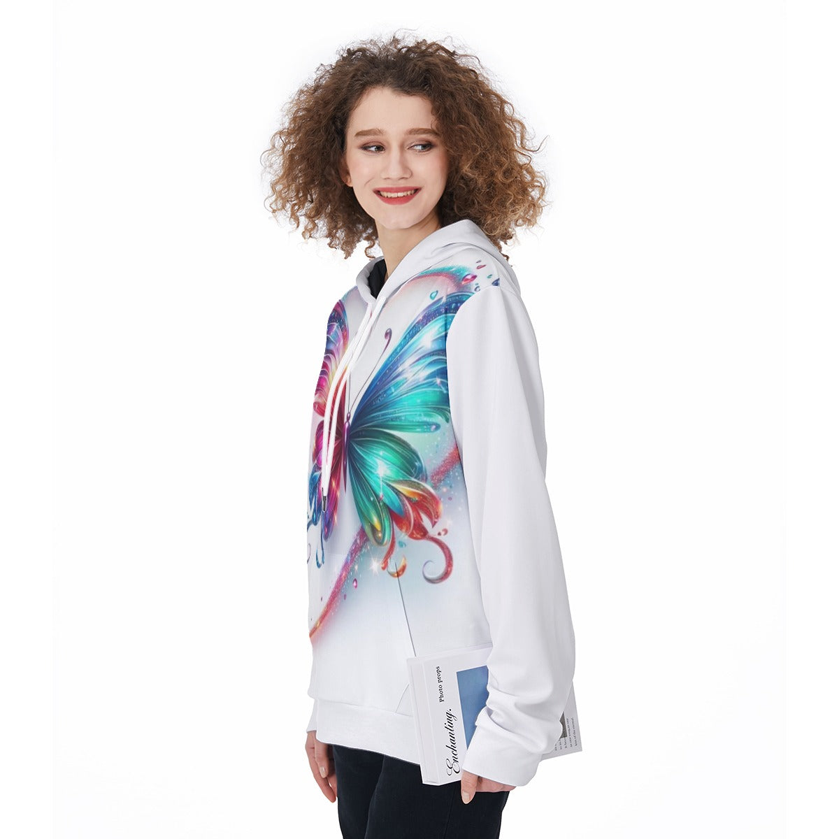 Felpa donna bianca con cappuccio e stampa farfalla multicolore, vista laterale