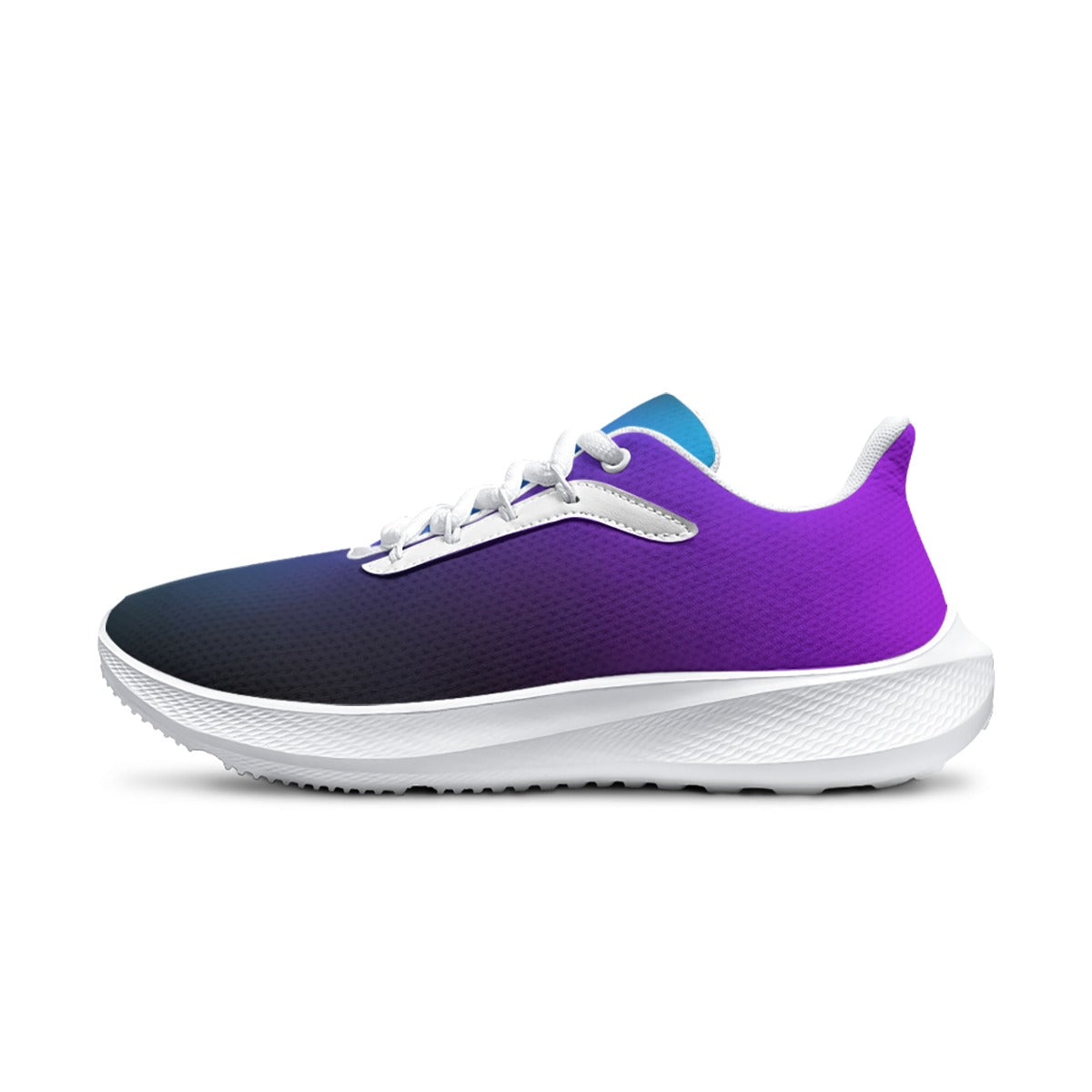Scarpe running donna: tomaia viola e blu, lacci bianchi, suola bianca.