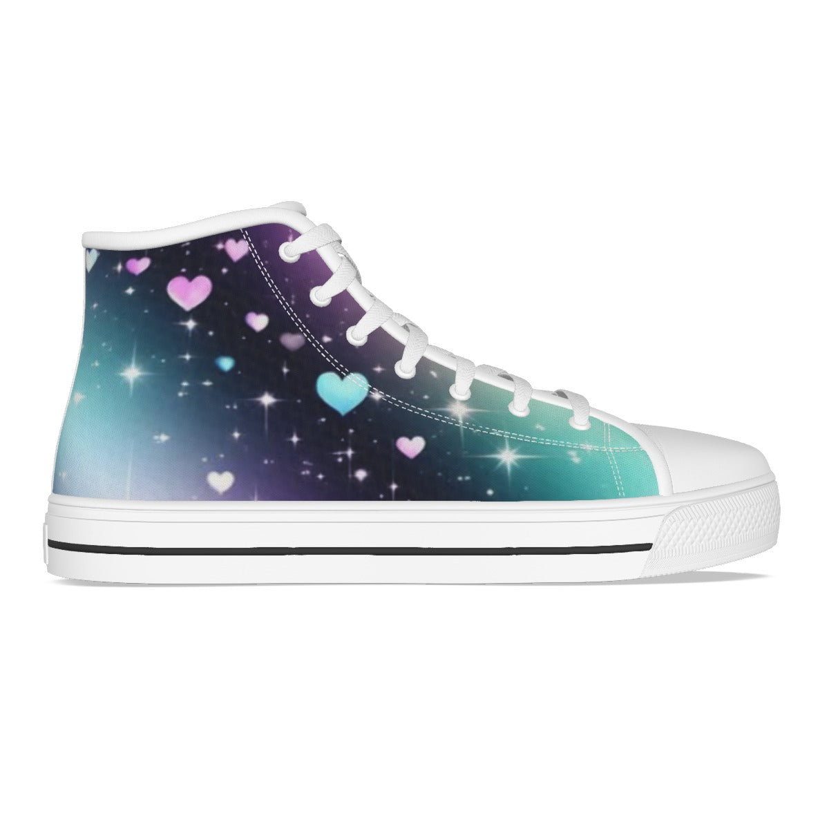 Scarpa alta in canvas bambina, profilo laterale, lacci bianchi e stampa spazio con cuori