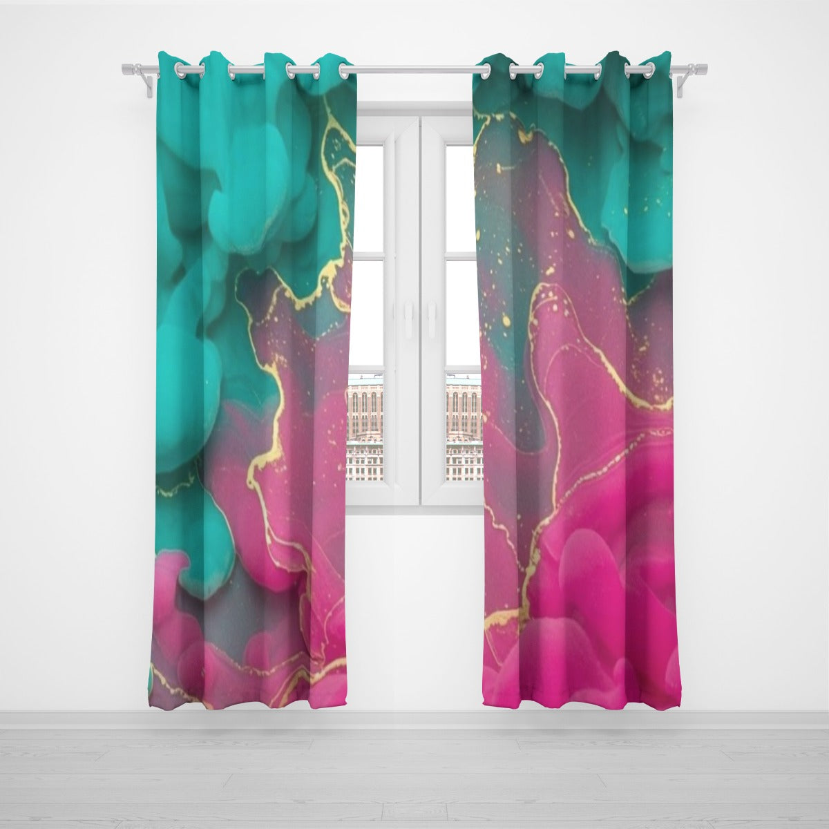 tende con occhielli multicolori astratte: verde acqua e rosa, due pannelli