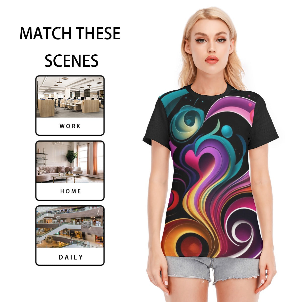 T-shirt donna nera con stampa astratta frontale, scollo rotondo e maniche corte