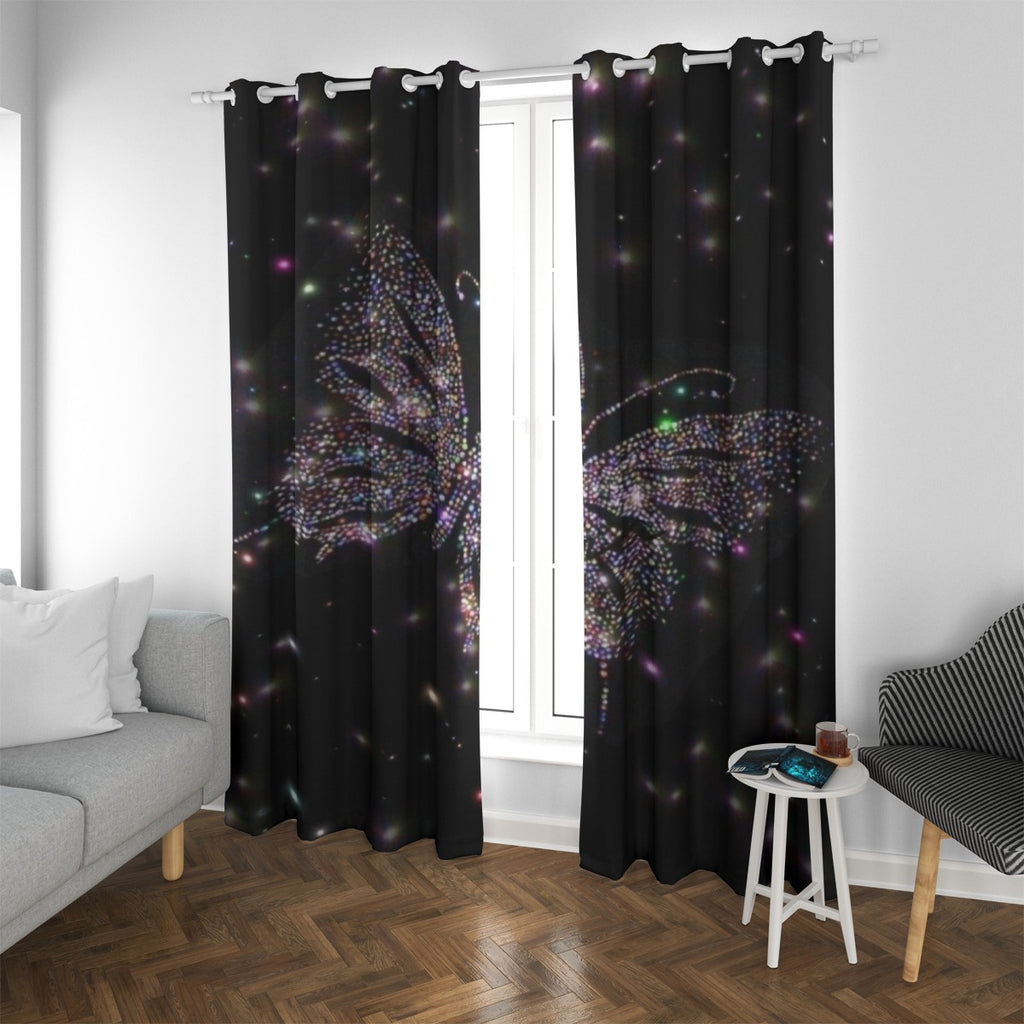 Tenda con occhielli nera con farfalla glitterata multicolore