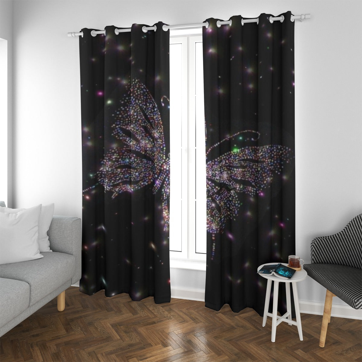 Tenda con occhielli nera con farfalla glitterata multicolore