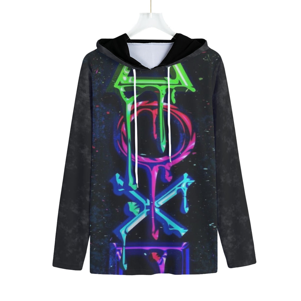 Felpa con cappuccio scura con stampa grafica frontale colorata