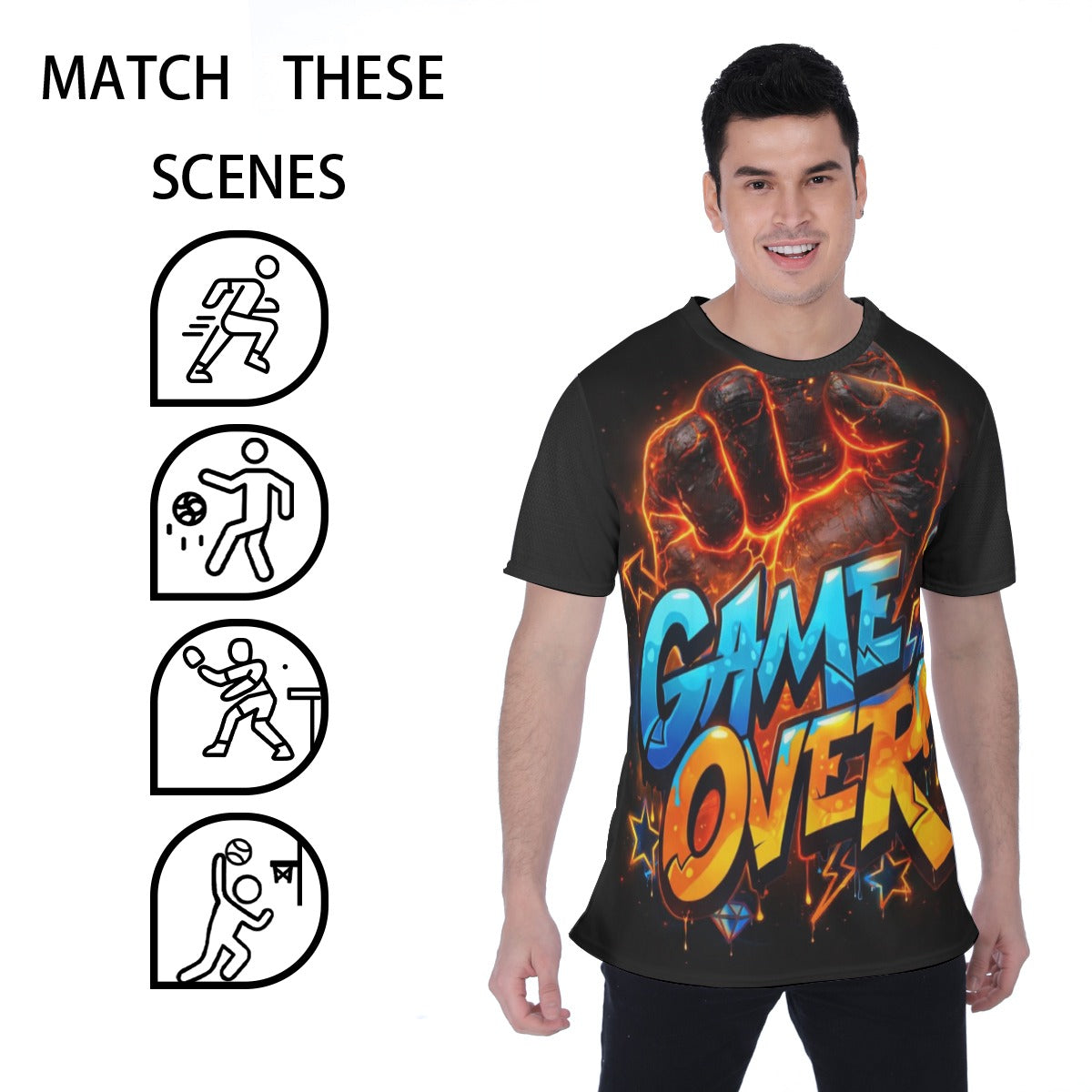 T-shirt uomo nera girocollo con stampa “GAME OVER” arancione e blu