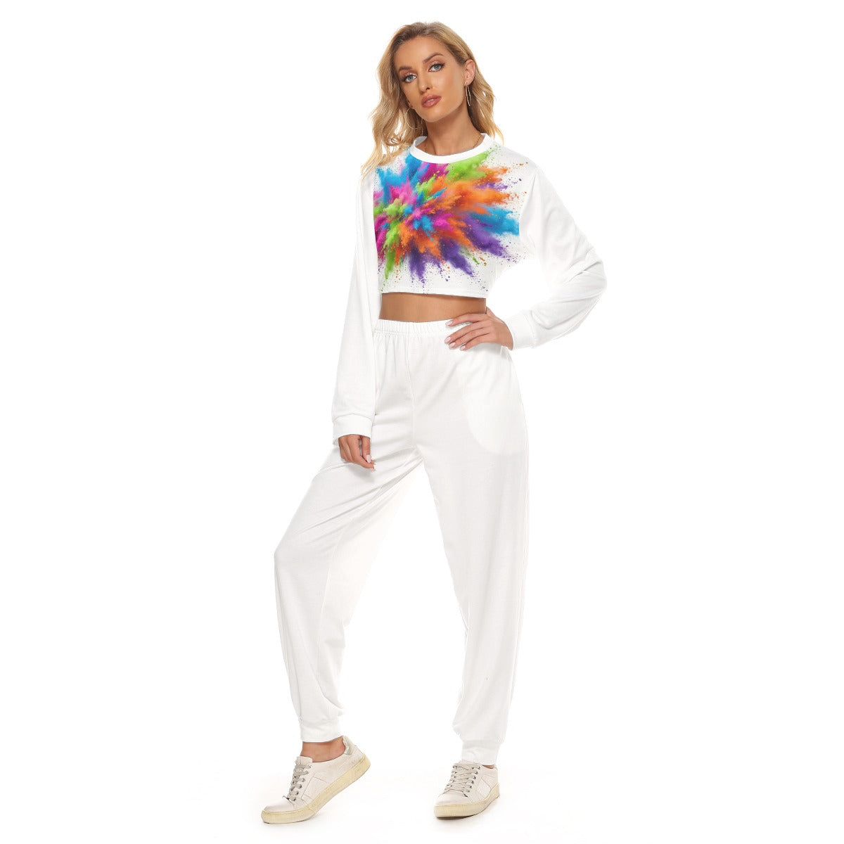 Tuta donna bianca con vita elasticizzata e top cropped tie-dye multicolore