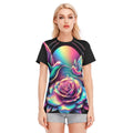 T-shirt donna nera con stampa rosa arcobaleno e colibrì, maniche corte