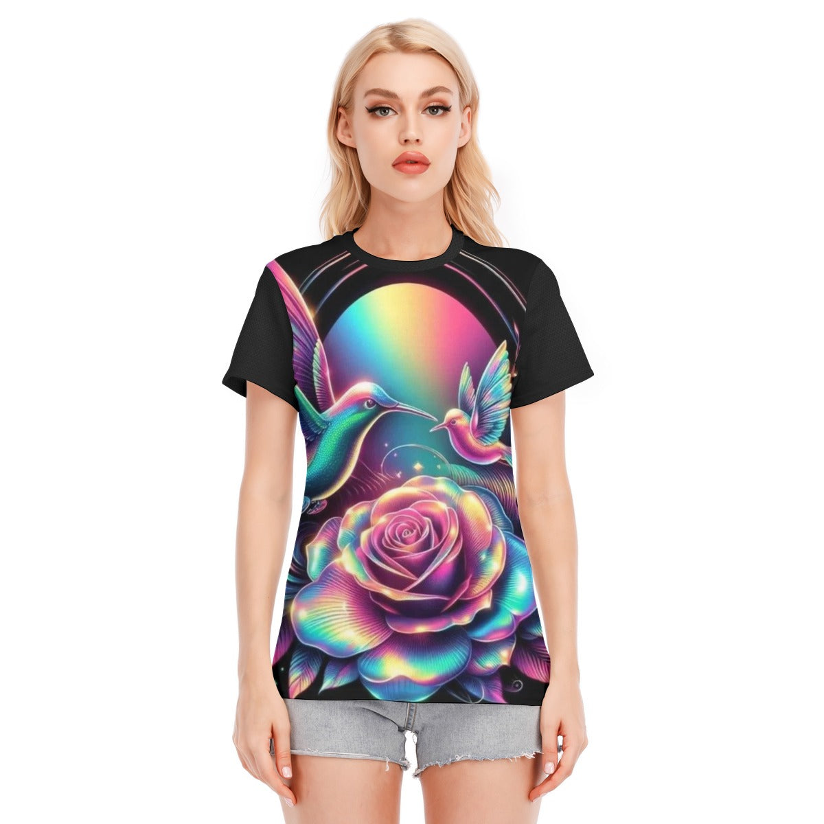 T-shirt donna nera con stampa rosa arcobaleno e colibrì, maniche corte