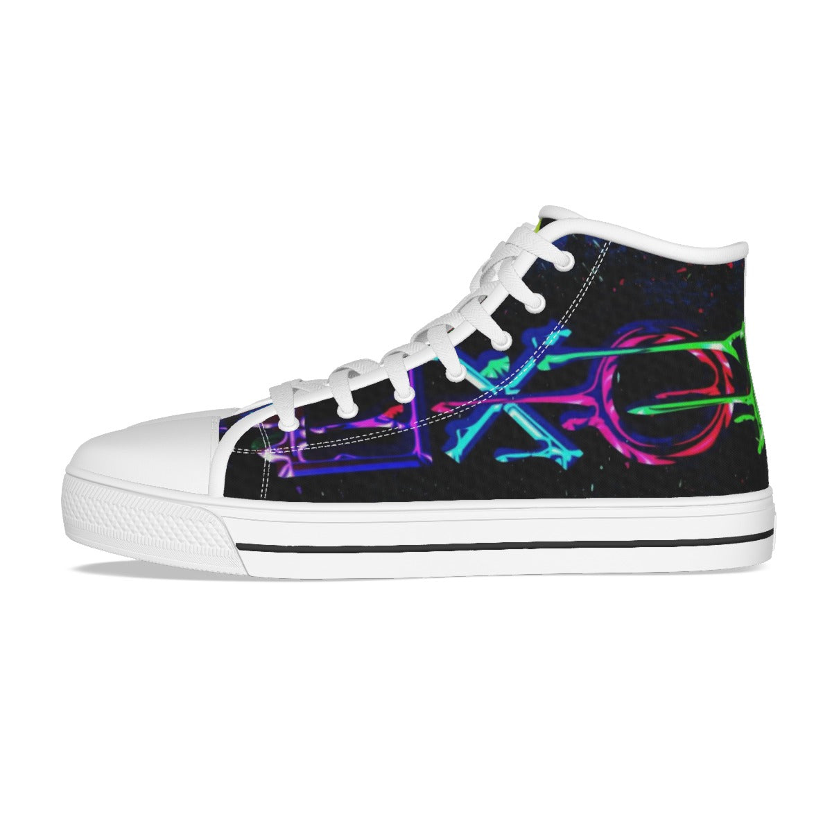 Scarpa alta bimbo lato: tela nera con grafica neon, lacci bianchi, suola bianca
