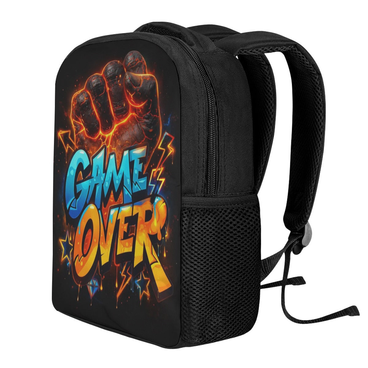 Zaino per studenti nero con stampa "GAME OVER" e tracolle regolabili