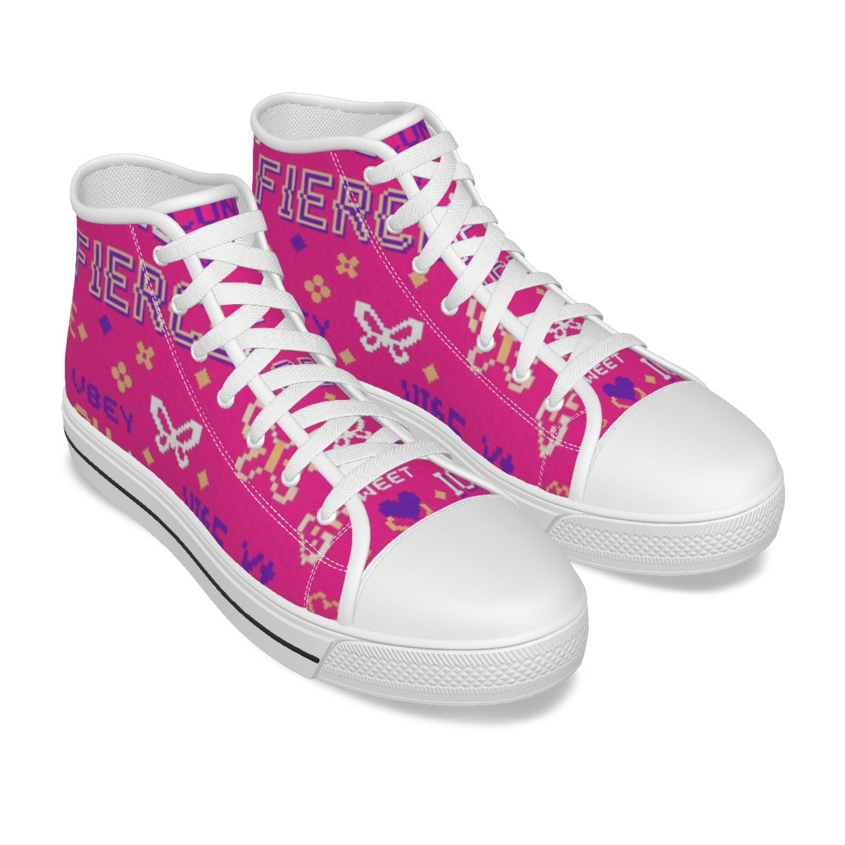 Scarpe canvas alte bambina fucsia con lacci bianchi e suola bianca, vista laterale