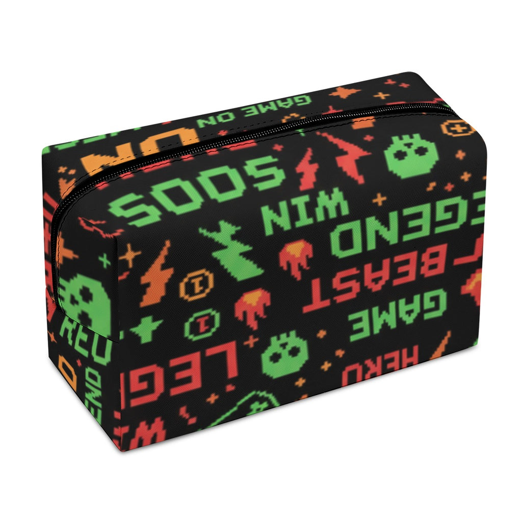 Borsa cosmetici in PU nera con zip superiore e stampa pixel multicolore