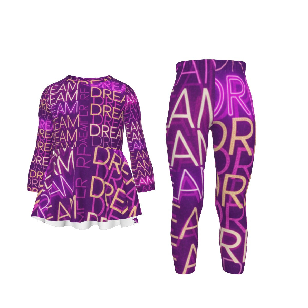 Tuta bambina viola: felpa a maniche lunghe e leggings, stampa DREAM ripetuta