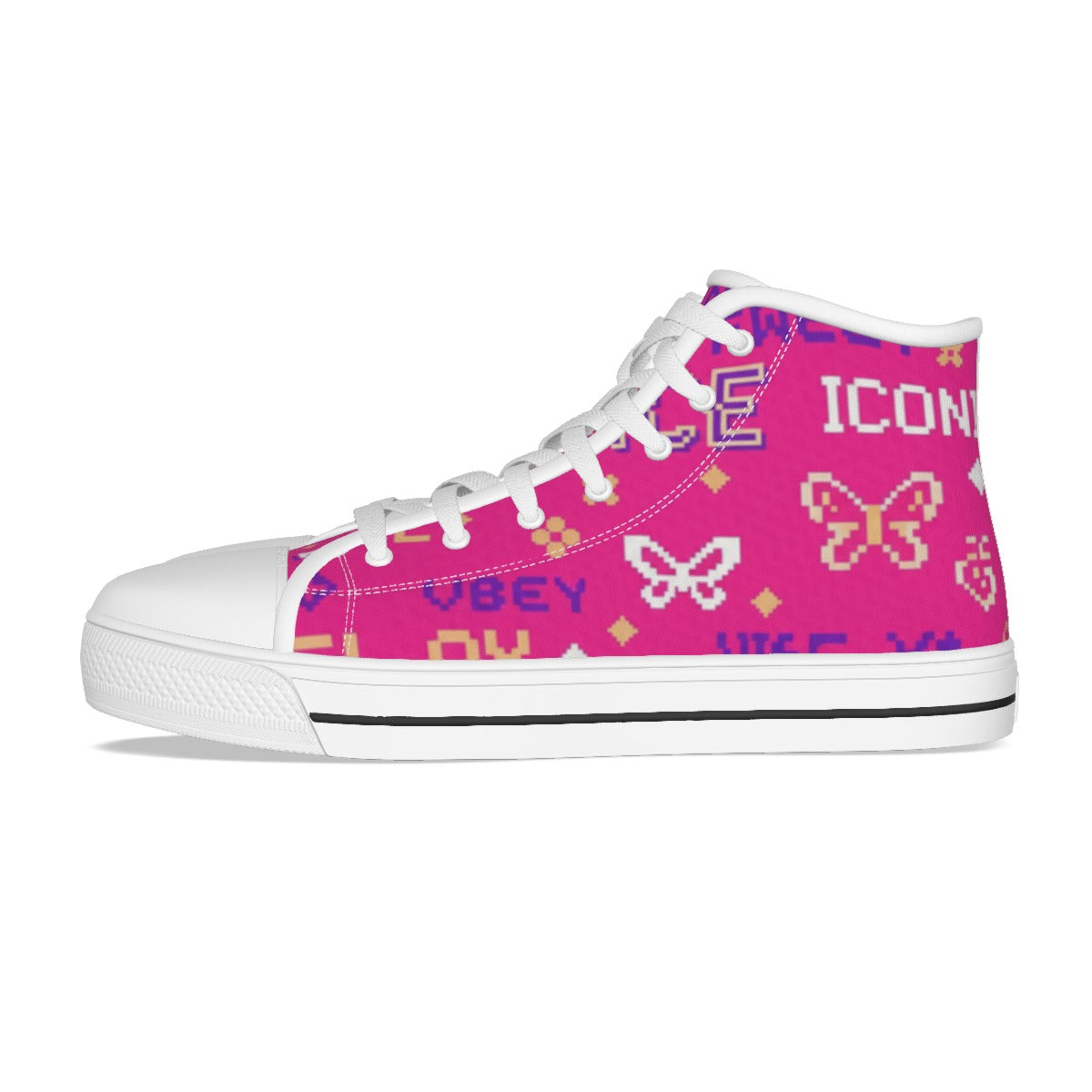 Scarpa canvas alta bambina fucsia con lacci bianchi e suola bianca, profilo laterale