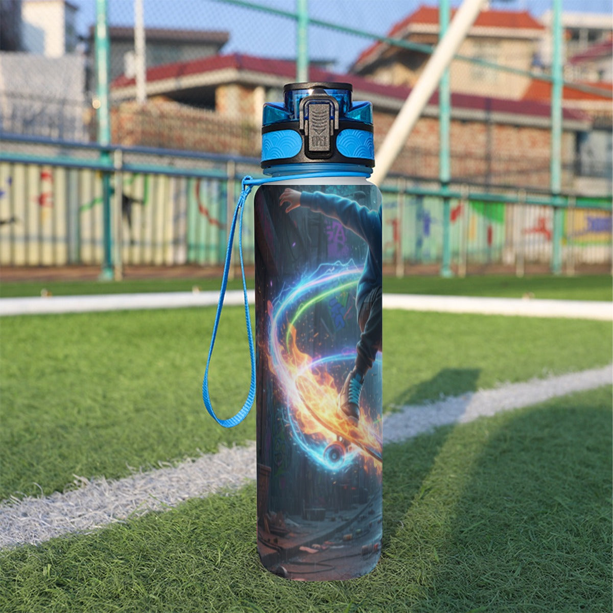 32 oz spor su şişesi, mavi kapaklı askılı; renkli uzay desenli tam boy