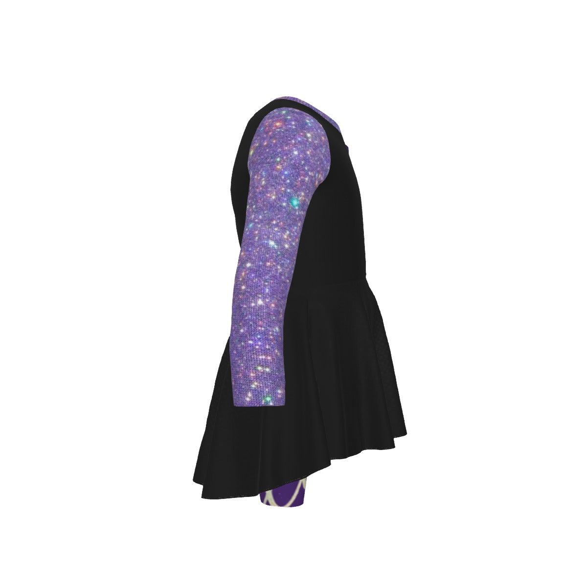 Tuta bambina: vestitino nero svasato con manica viola glitter e pantaloni viola fantasia