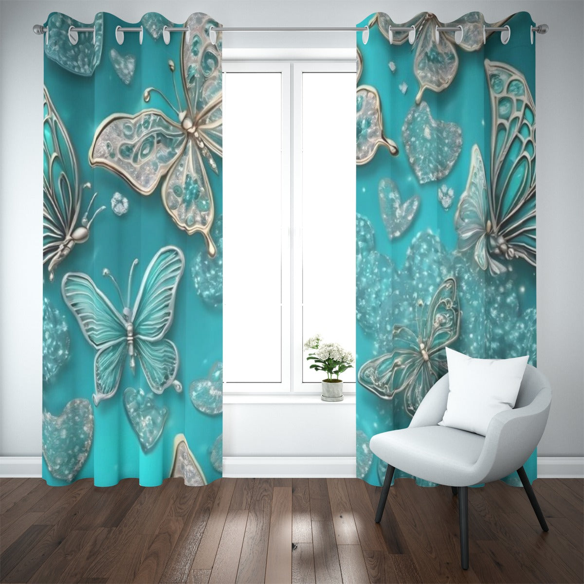 Tenda oscurante con occhielli, turchese con farfalle grandi in stile decorativo