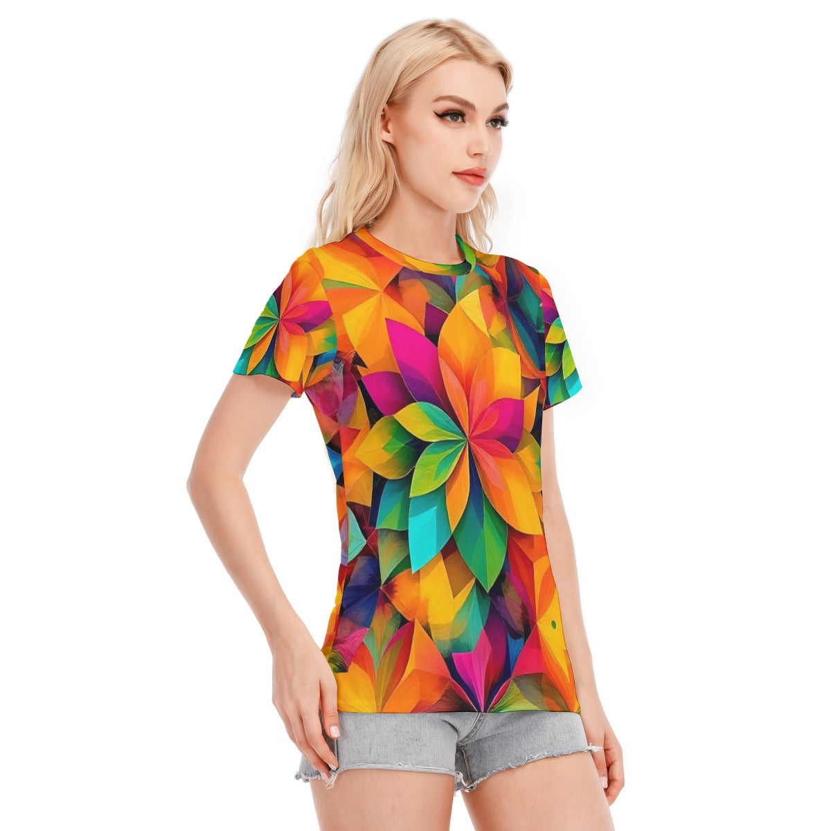 Maglietta da donna multicolore con motivo floreale, girocollo e maniche corte