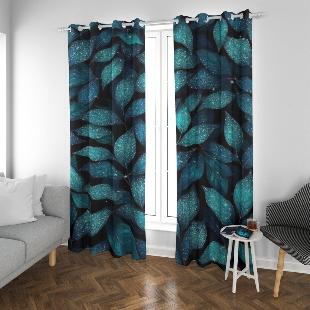 Tenda con occhielli Bluegreen fantasia foglie turchesi su fondo scuro