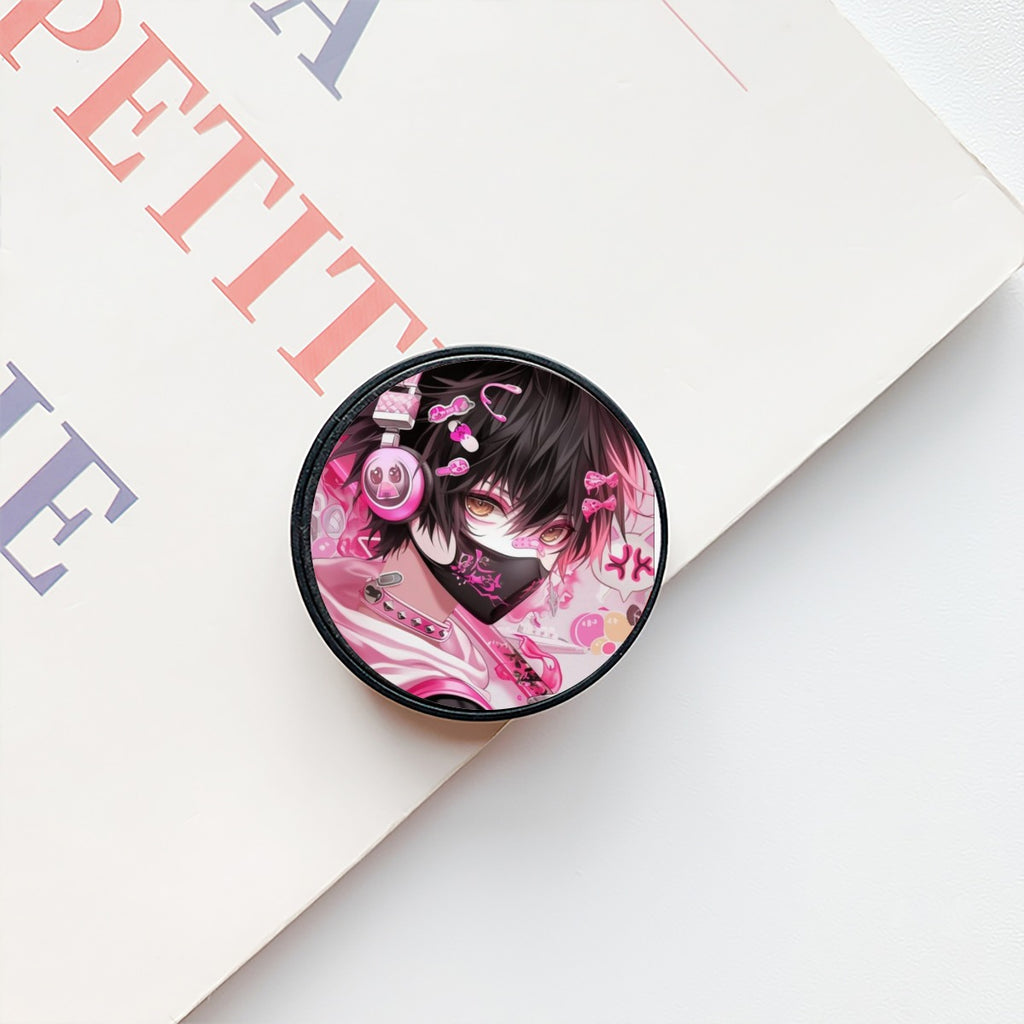 Supporto Airbag per smartphone: disco rotondo anime rosa e nero su supporto nero