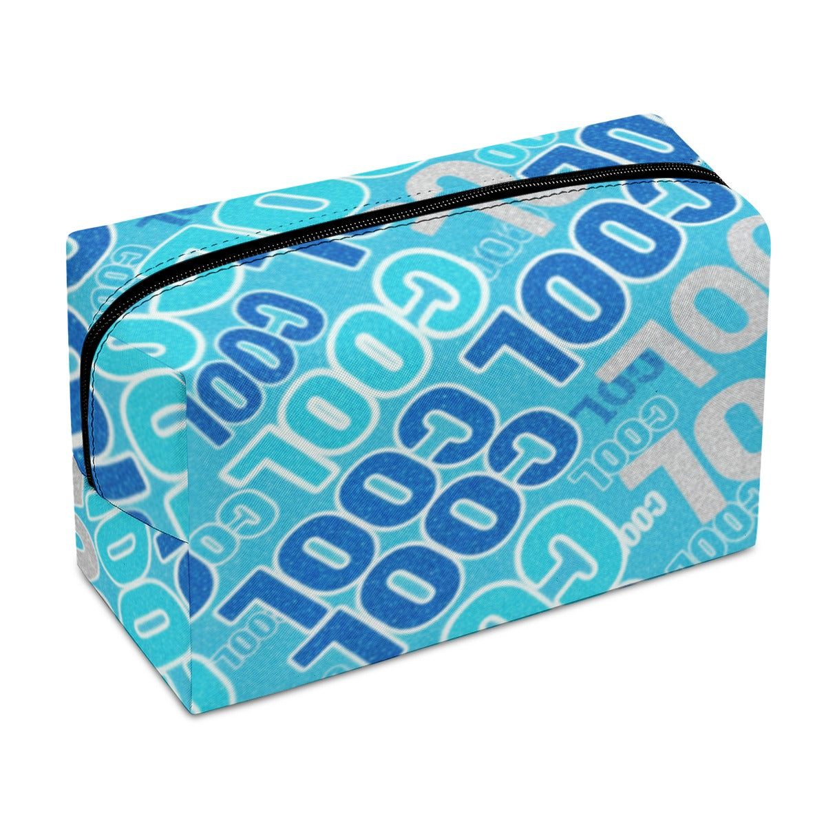 Borsa cosmetici in PU blu con zip nera e stampa lettering, vista laterale