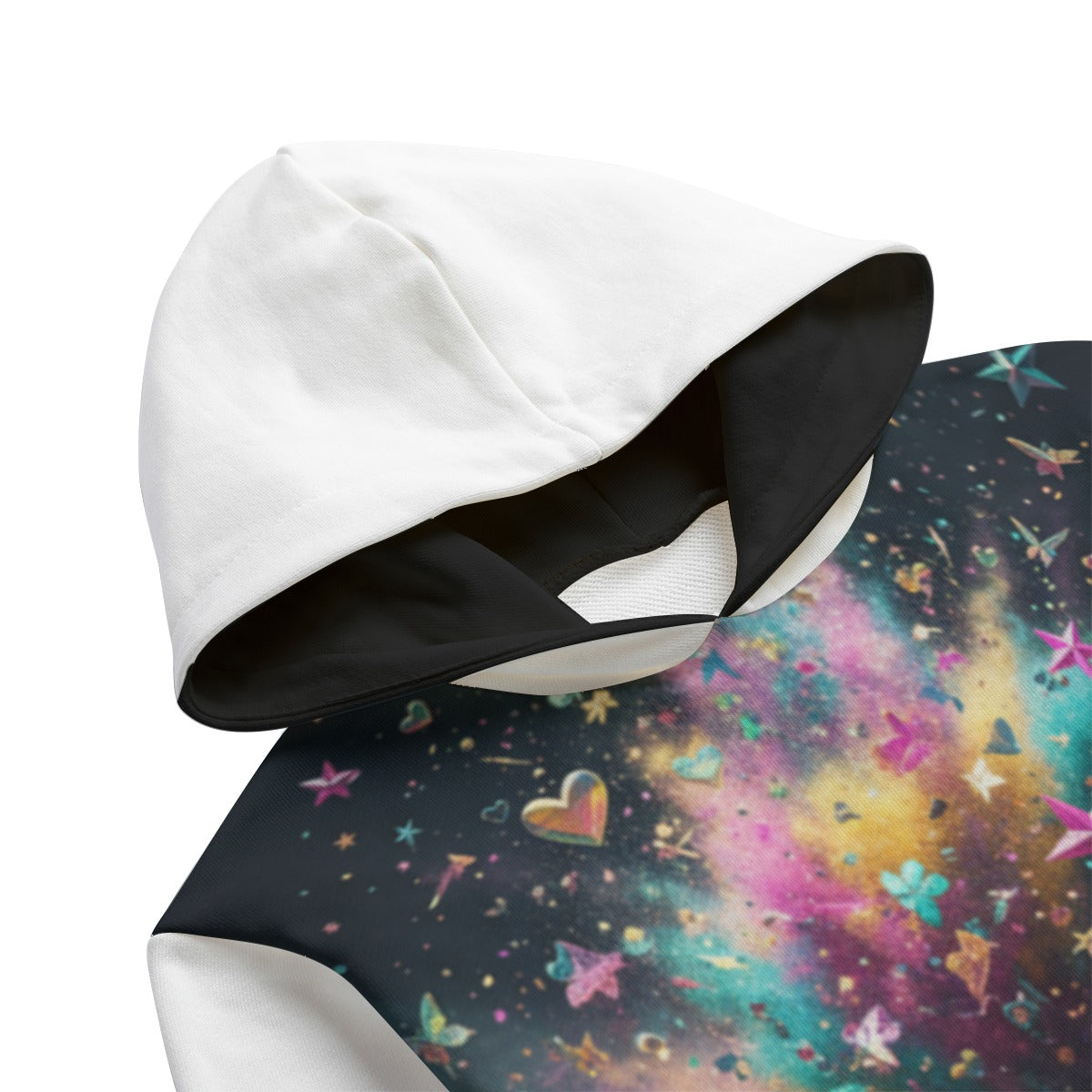 Felpa con cappuccio bicolore: interno nero e stampa galaxy sul davanti