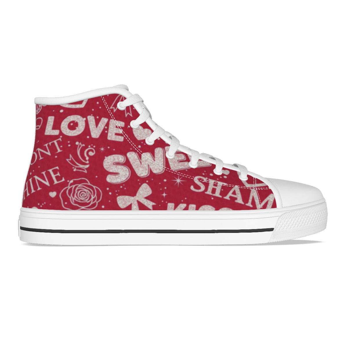 Scarpa alta rossa con stampa Love Sweet, suola bianca e profilo nero