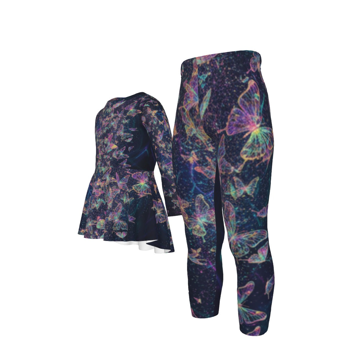 Set tuta bambina: tunica e pantaloni fantasia farfalle multicolore su fondo scuro