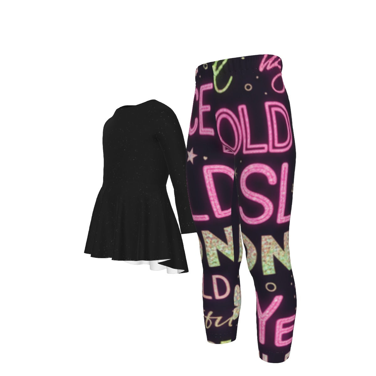 Tuta bimba: maglia nera svasata a maniche lunghe con leggings fantasia neon