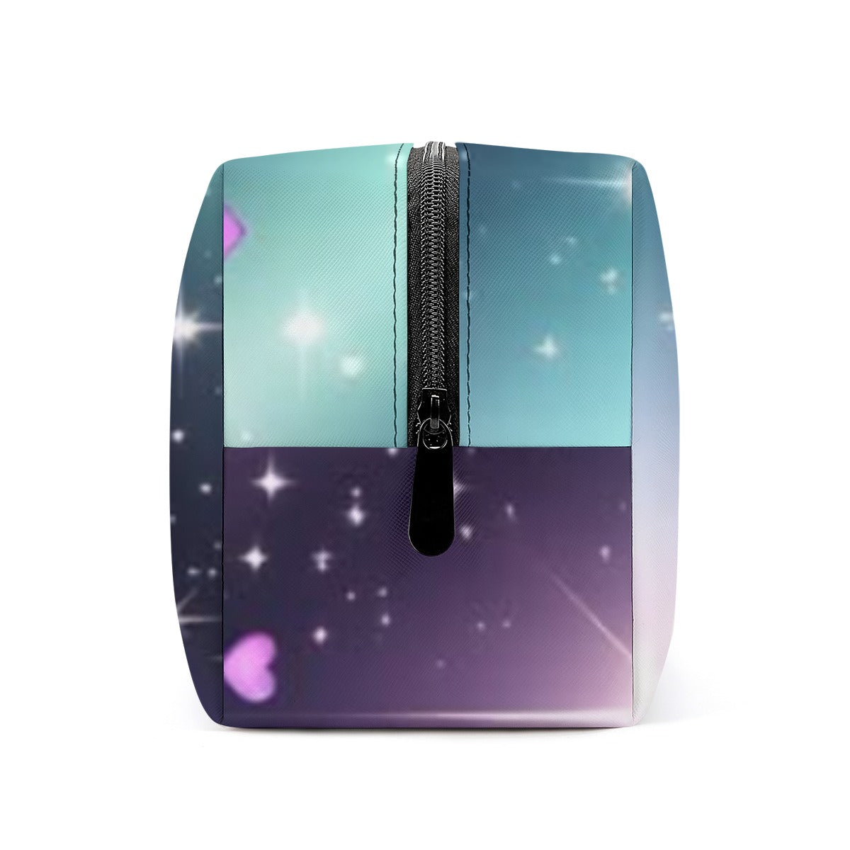 Borsa cosmetica in PU con zip centrale, fantasia stelle e cuori, sagoma rettangolare.