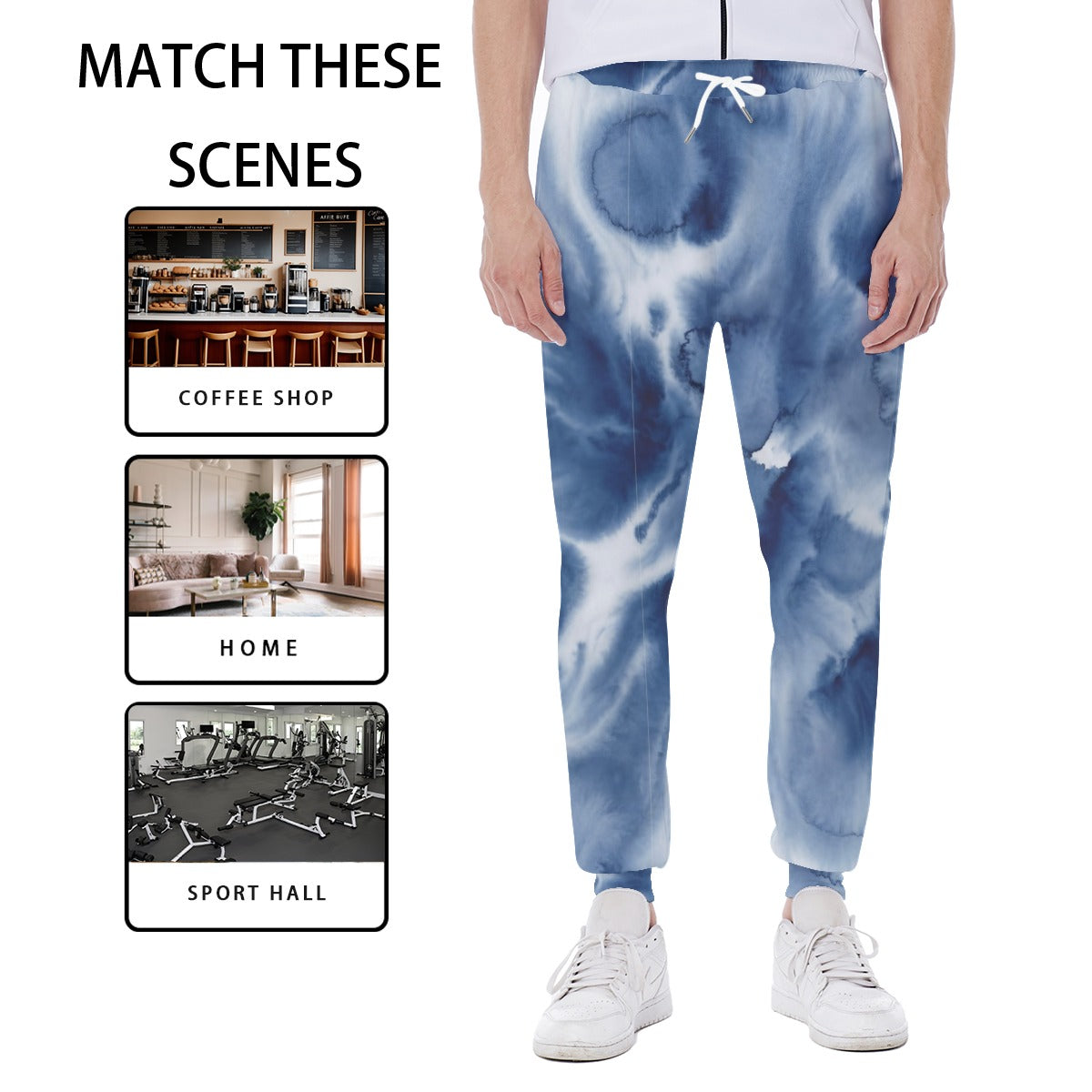 Pantaloni uomo blu con stampa nuvola, vita con coulisse e polsini elastici.