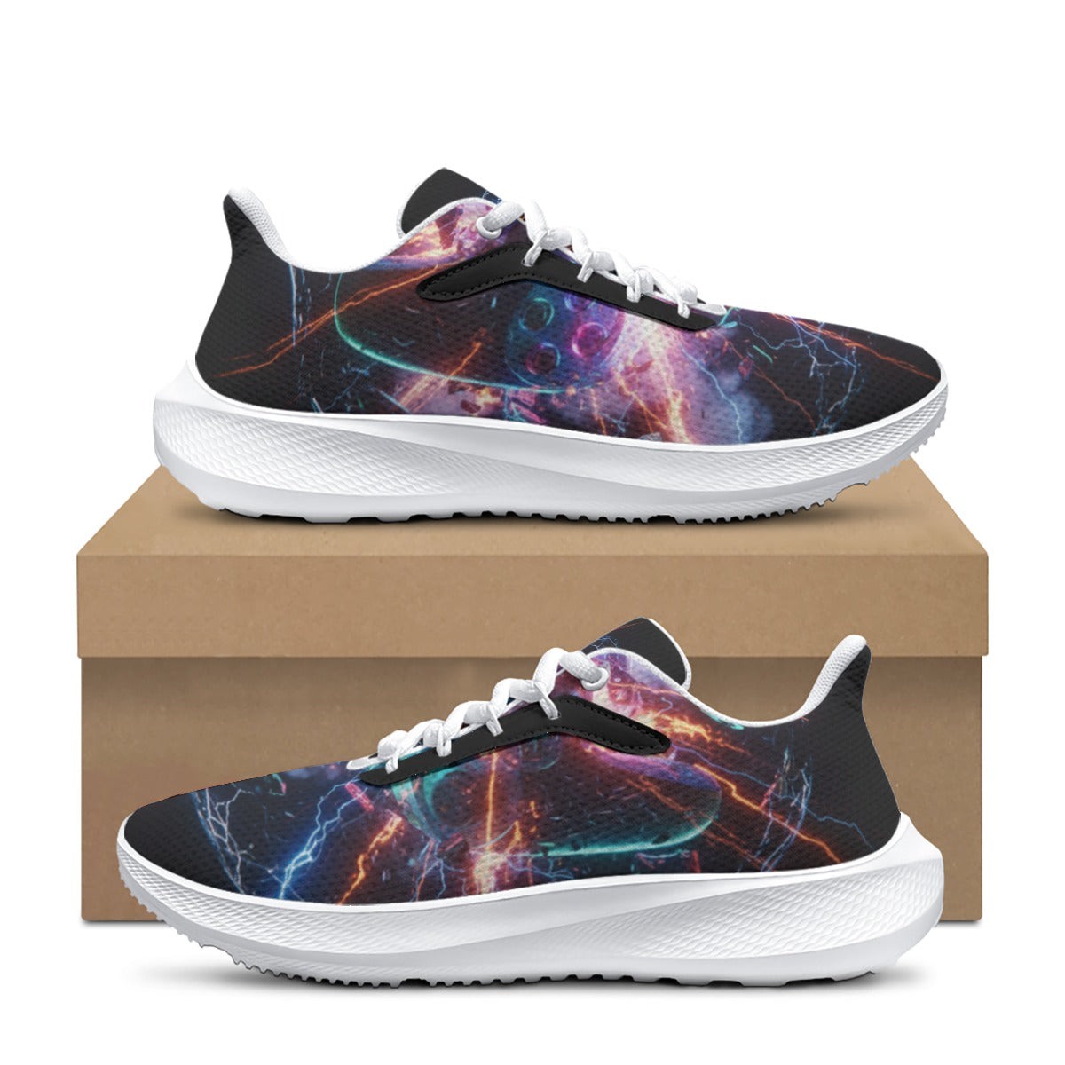 Scarpe da running uomo nere con motivo colorato a fulmini, lacci bianchi e suola bianca