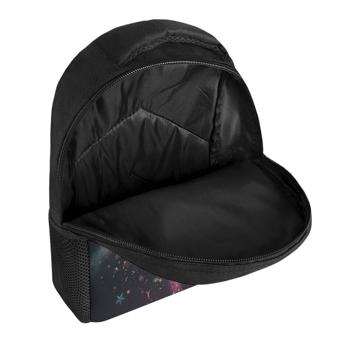 Zaino nero con tasca frontale a zip e pannello con galassia colorata