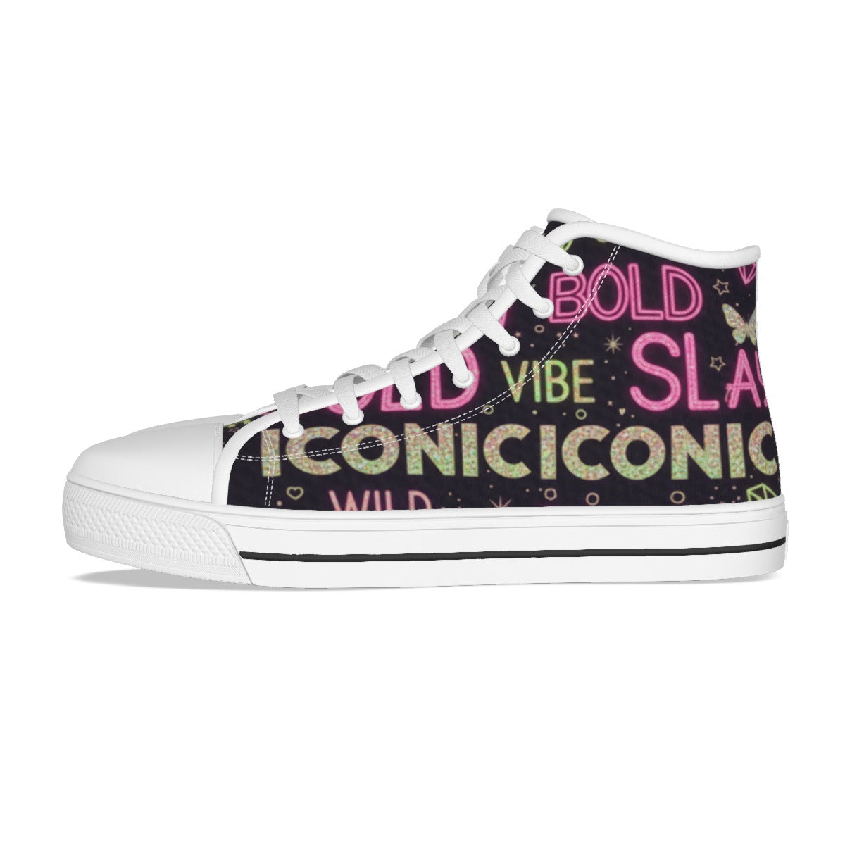 Sneaker alta in canvas bambina bianca con lacci bianchi e grafica multicolore