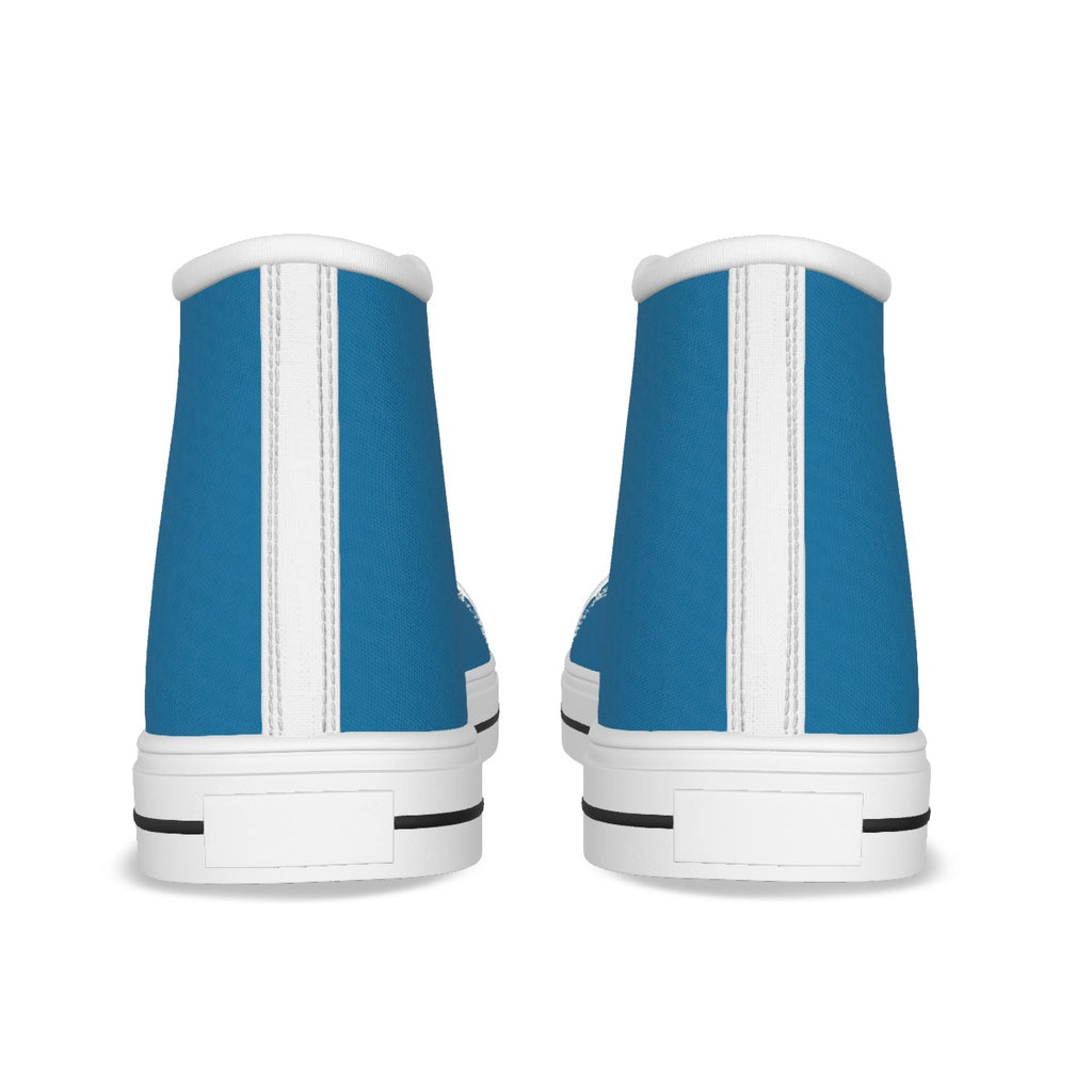 Scarpe alte bambino in tela blu con linguetta e tallone bianchi, suola bianca