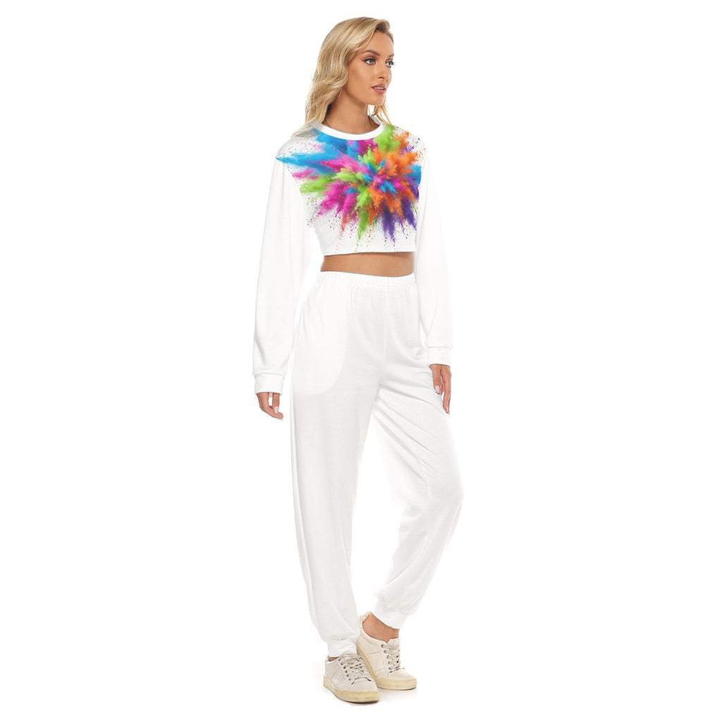 Tuta donna bianca con felpa cropped e stampa tie-dye colorata sul petto