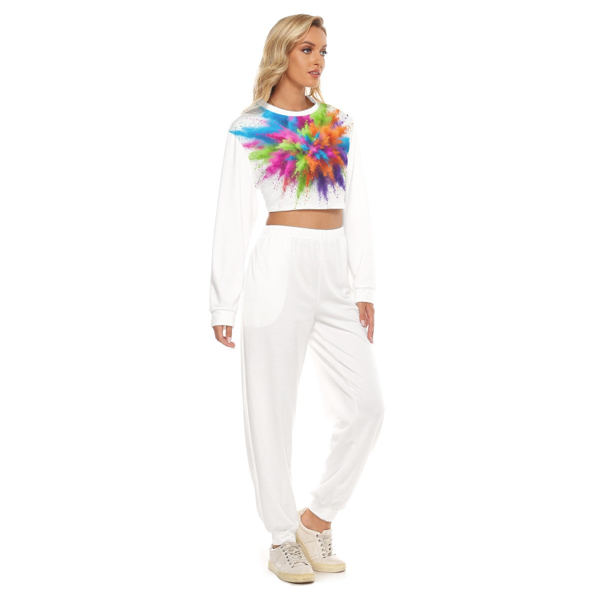 Tuta donna bianca con felpa cropped e stampa tie-dye colorata sul petto